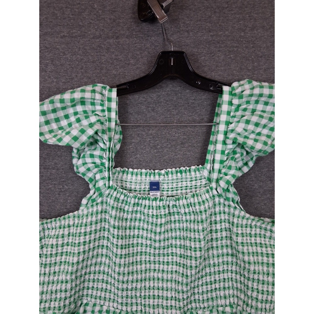 Old Navy Dress 2XL Green Gingham Check Plaid Seersucker Smocked Peasant Ruffle - Picture 2 of 8